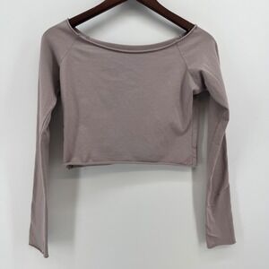 John Galt Womens Long Sleeve Scoop Neck Raw Hem Crop Top Mauve Taupe Size 2